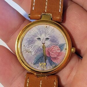 Vintage 1990 Cat & Rose Flower Gold 31mm Women's Watch  - Brown Band